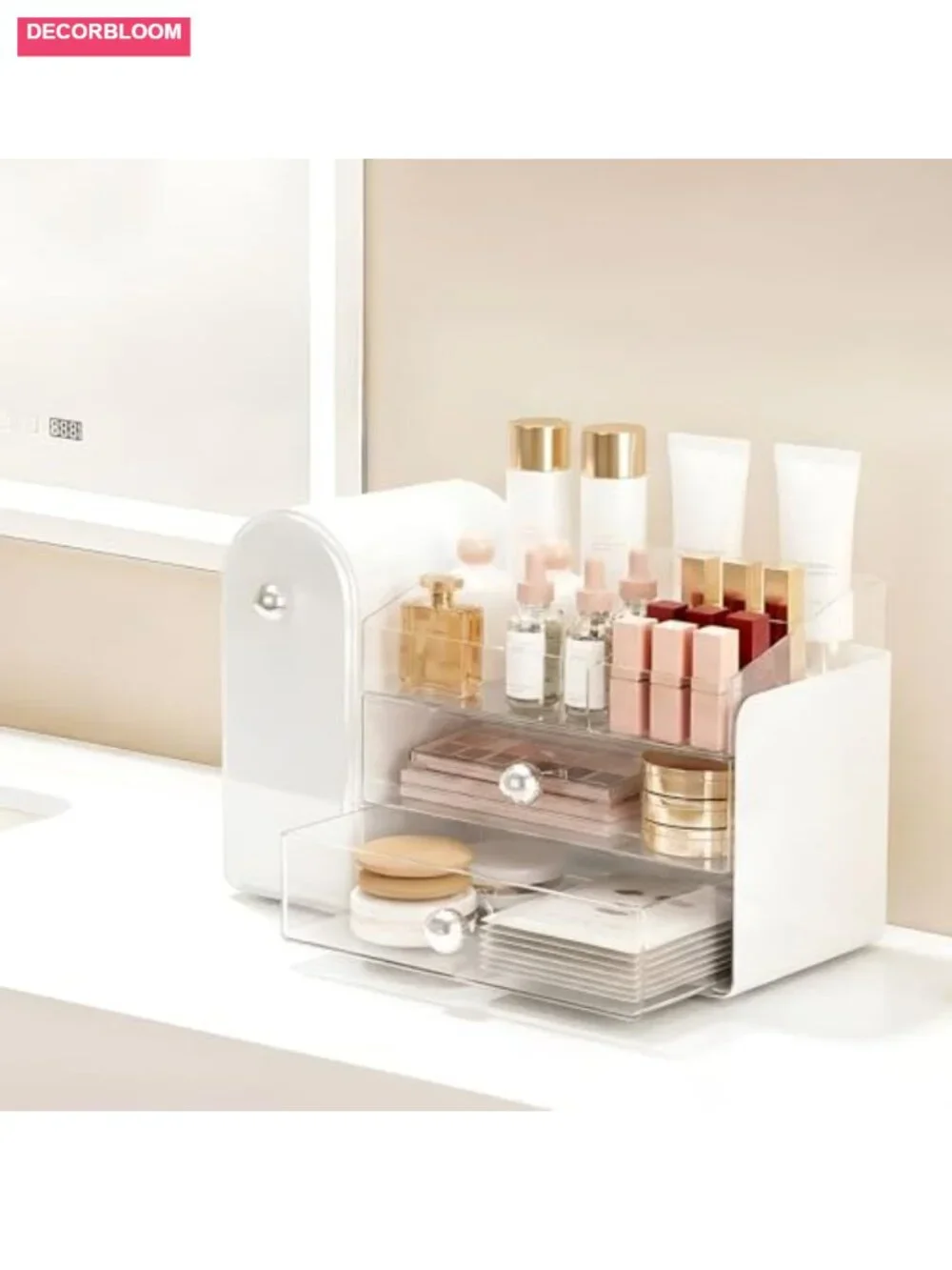 Large Makeup Organizer with Dustproof Brush Holder, 2 Clear Drawers for